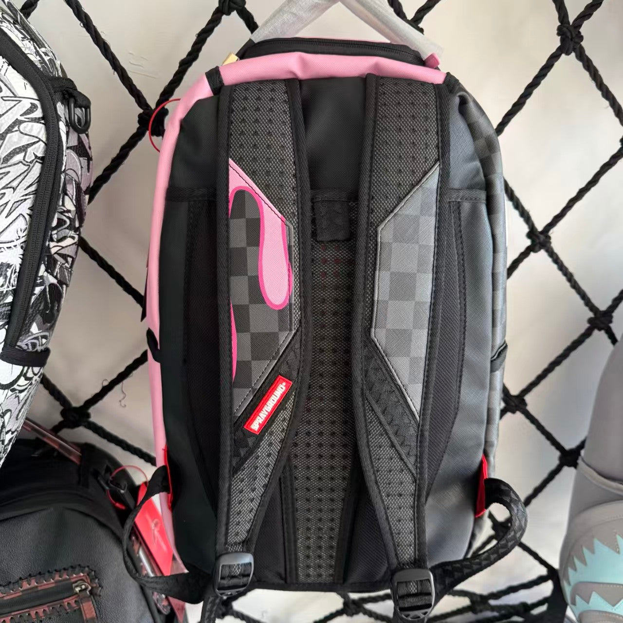 Pink Panther Themed Streetwear Backpack – Melting Pink Ice Cream with Checkerboard and Shark Mouth Design