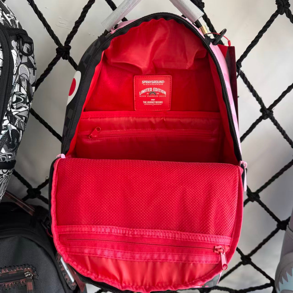Pink Panther Themed Streetwear Backpack – Melting Pink Ice Cream with Checkerboard and Shark Mouth Design