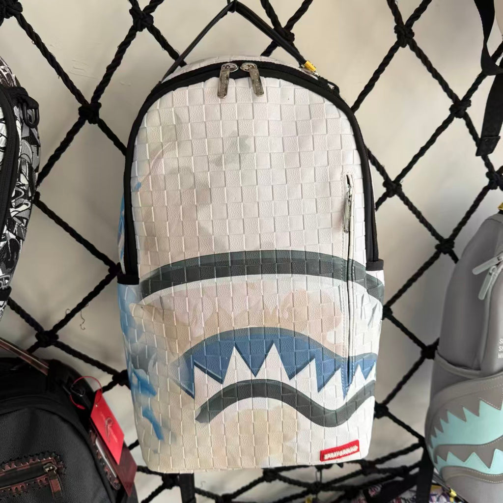 White 3D Woven Texture Streetwear Backpack - Grey-Blue Splatter Effect with Classic Shark Mouth Design