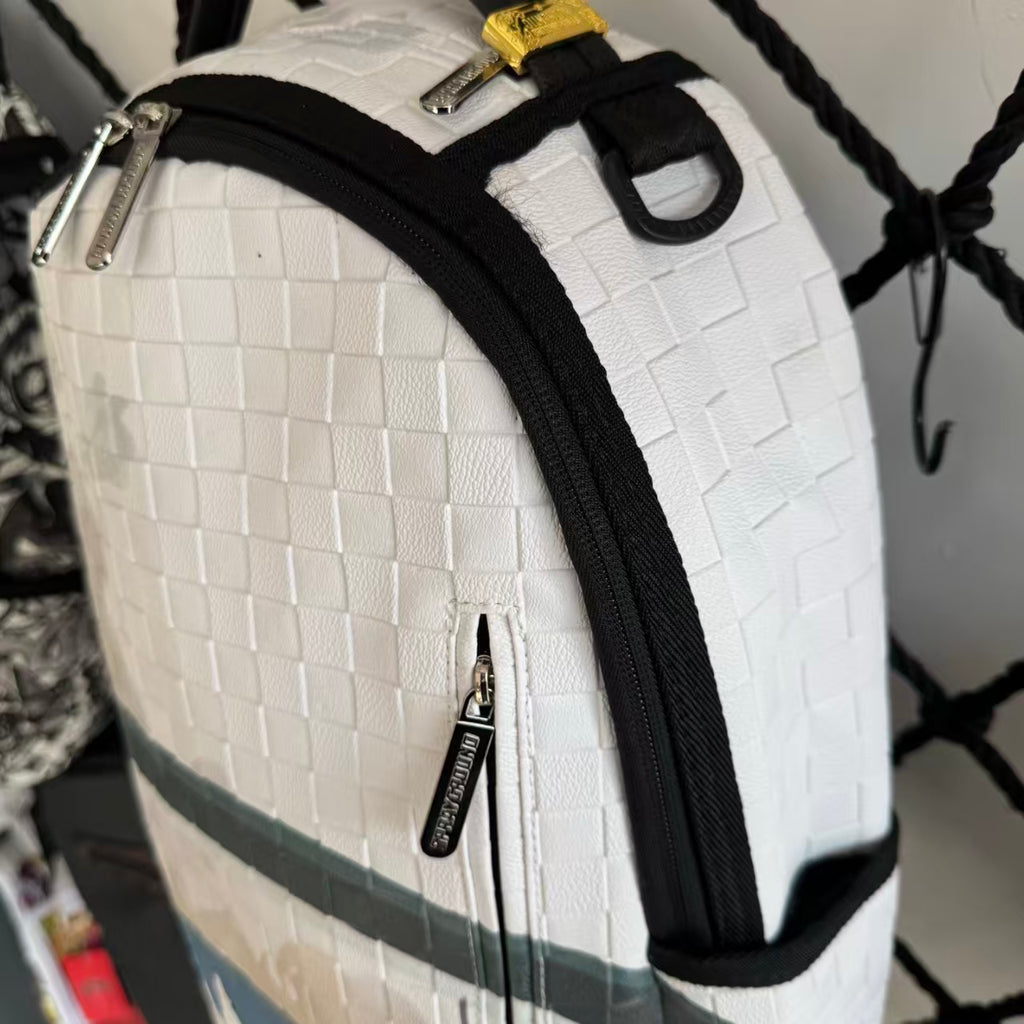 White 3D Woven Texture Streetwear Backpack - Grey-Blue Splatter Effect with Classic Shark Mouth Design