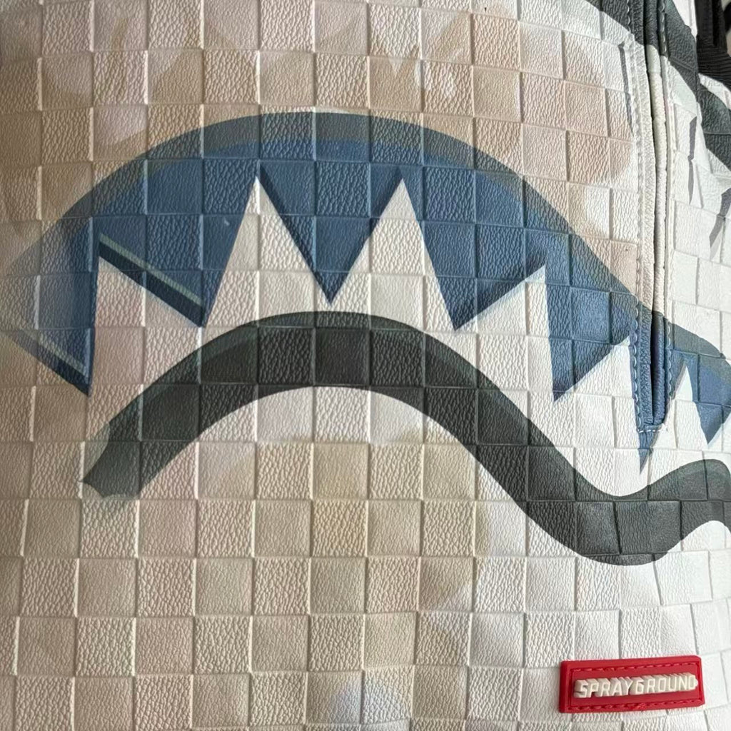 White 3D Woven Texture Streetwear Backpack - Grey-Blue Splatter Effect with Classic Shark Mouth Design