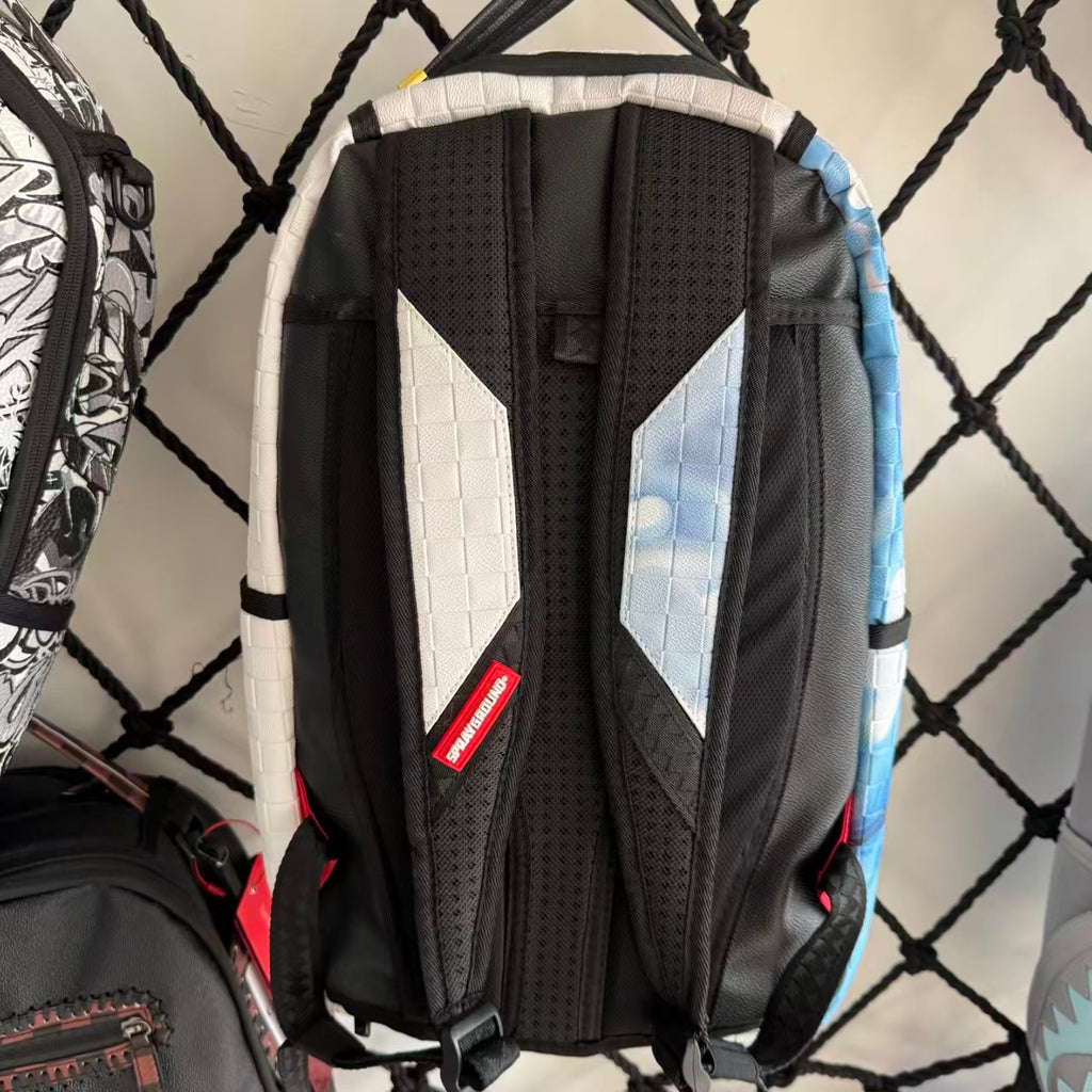 White 3D Woven Texture Streetwear Backpack - Grey-Blue Splatter Effect with Classic Shark Mouth Design