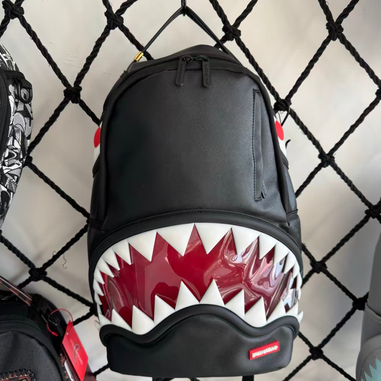 Black Textured Leather Streetwear Backpack - Glossy Red & White 3D Shark Mouth Design