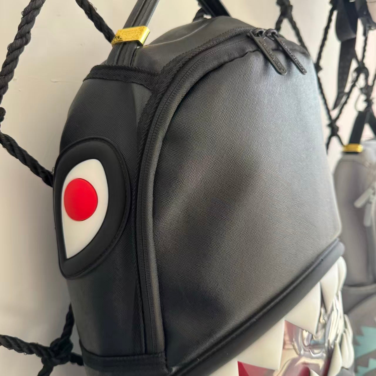 Black Textured Leather Streetwear Backpack - Glossy Red & White 3D Shark Mouth Design