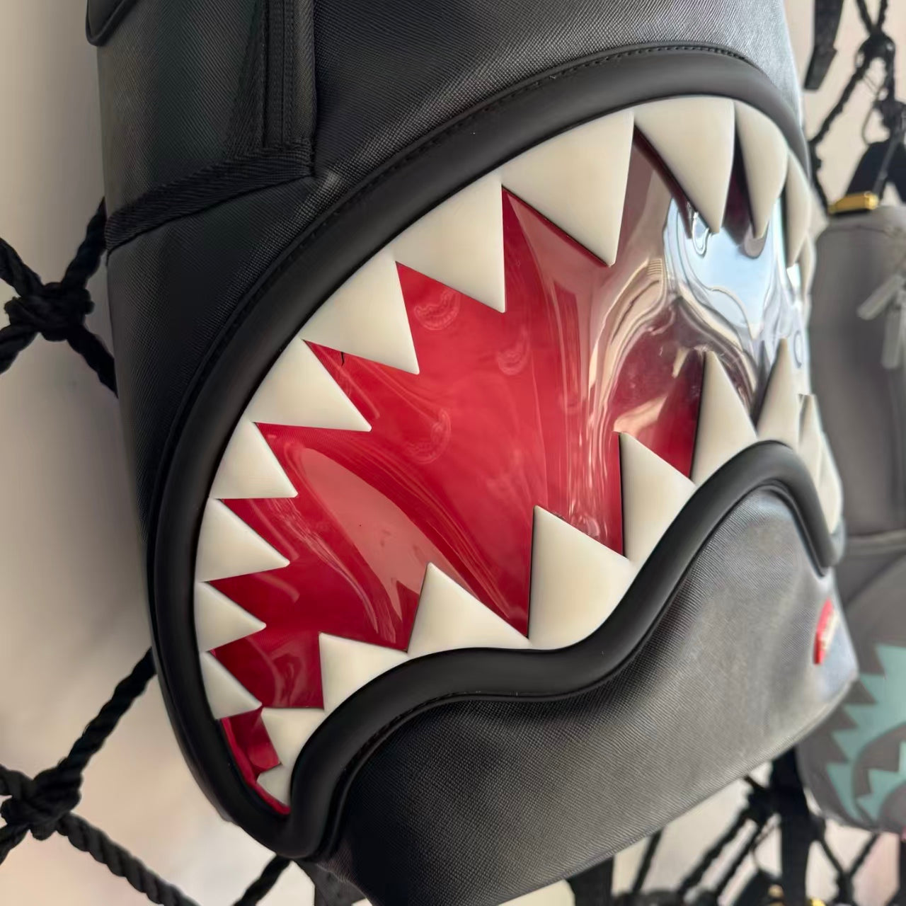 Black Textured Leather Streetwear Backpack - Glossy Red & White 3D Shark Mouth Design