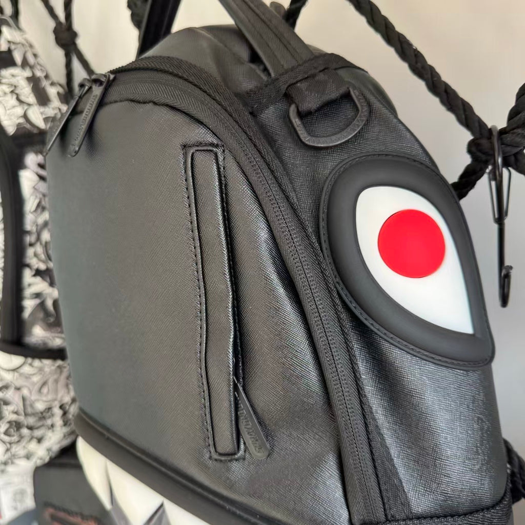 Black Textured Leather Streetwear Backpack - Glossy Red & White 3D Shark Mouth Design