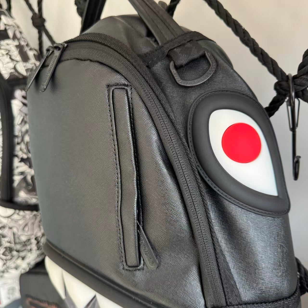 Black Textured Leather Streetwear Backpack - Glossy Red & White 3D Shark Mouth Design