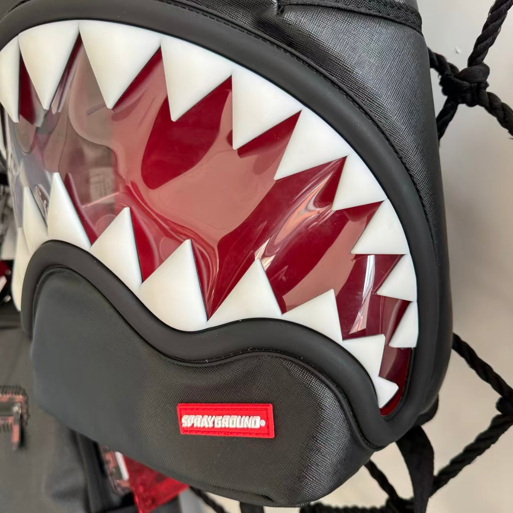 Black Textured Leather Streetwear Backpack - Glossy Red & White 3D Shark Mouth Design