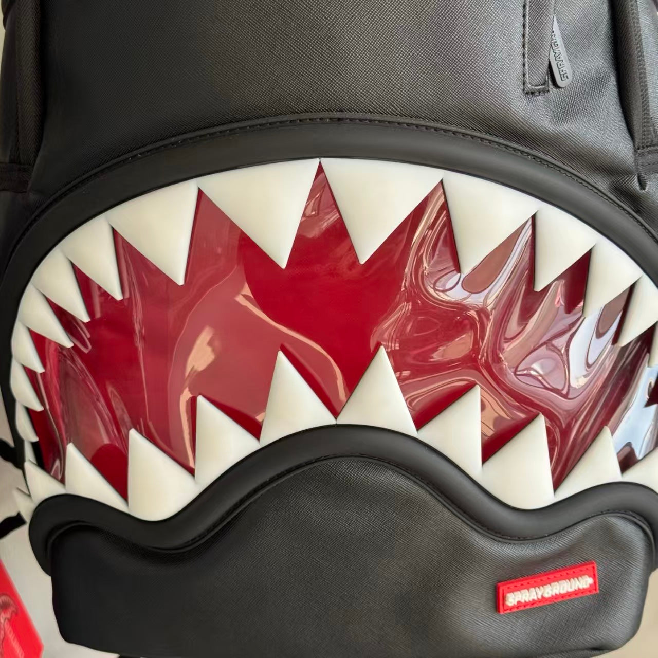 Black Textured Leather Streetwear Backpack - Glossy Red & White 3D Shark Mouth Design