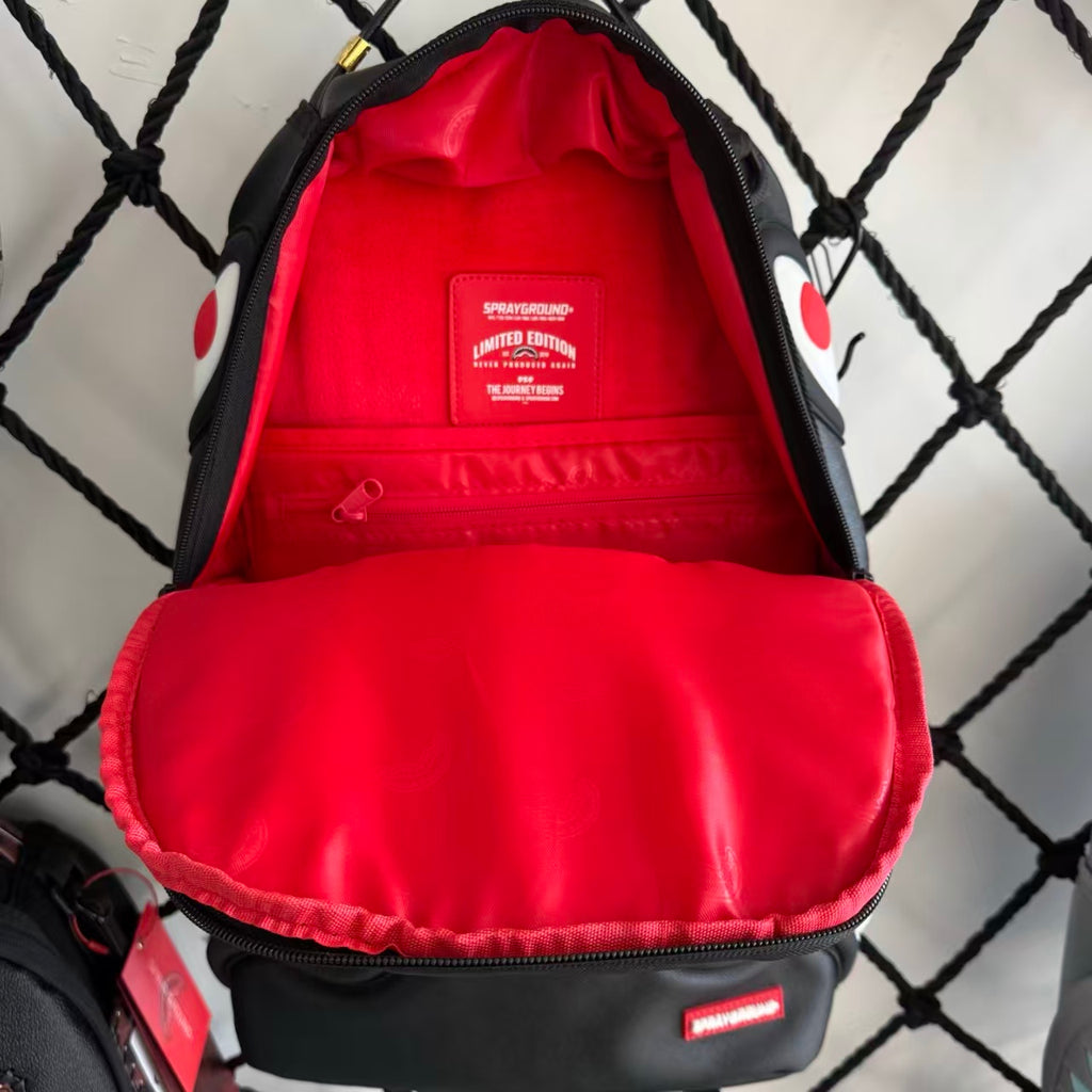 Black Textured Leather Streetwear Backpack - Glossy Red & White 3D Shark Mouth Design