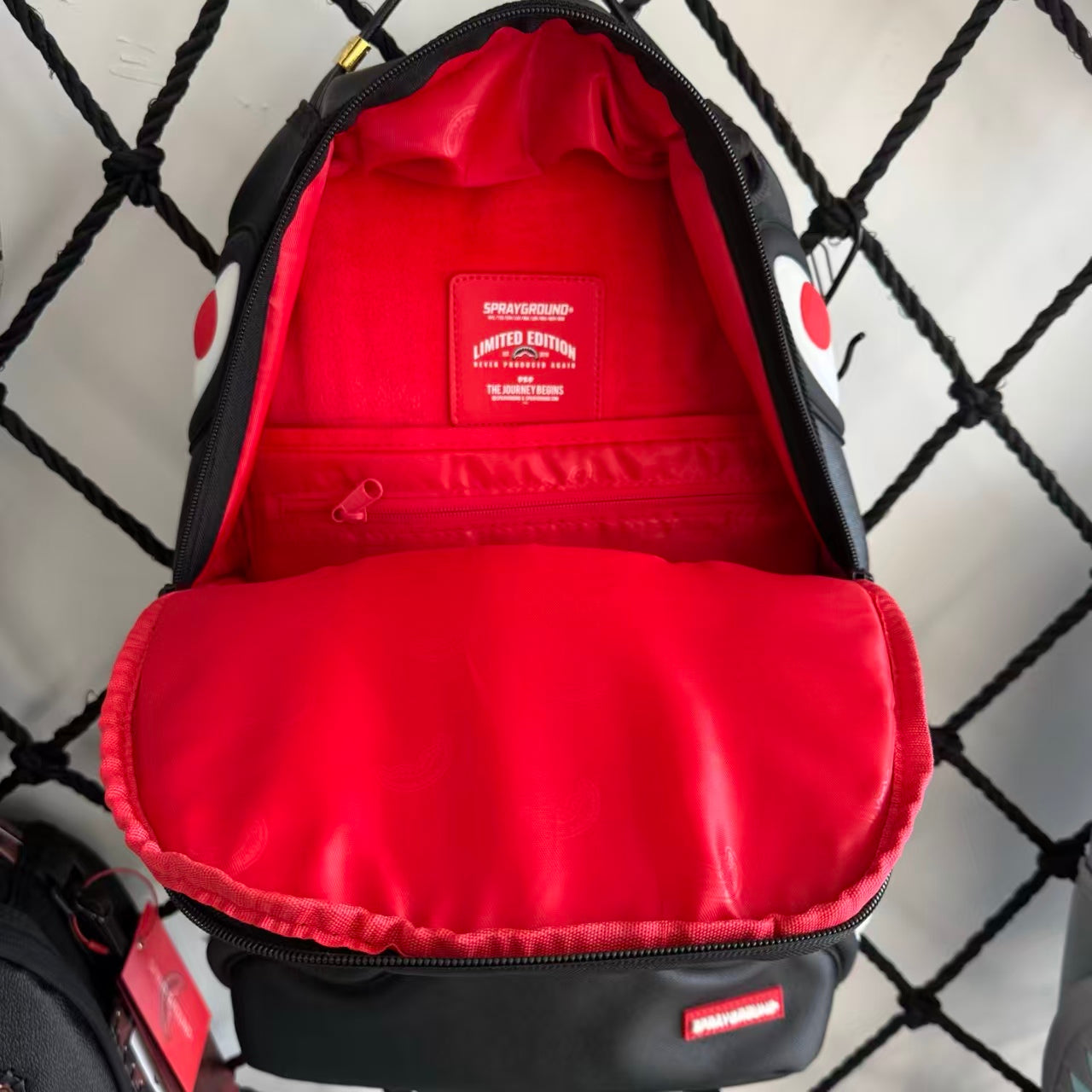 Black Textured Leather Streetwear Backpack - Glossy Red & White 3D Shark Mouth Design