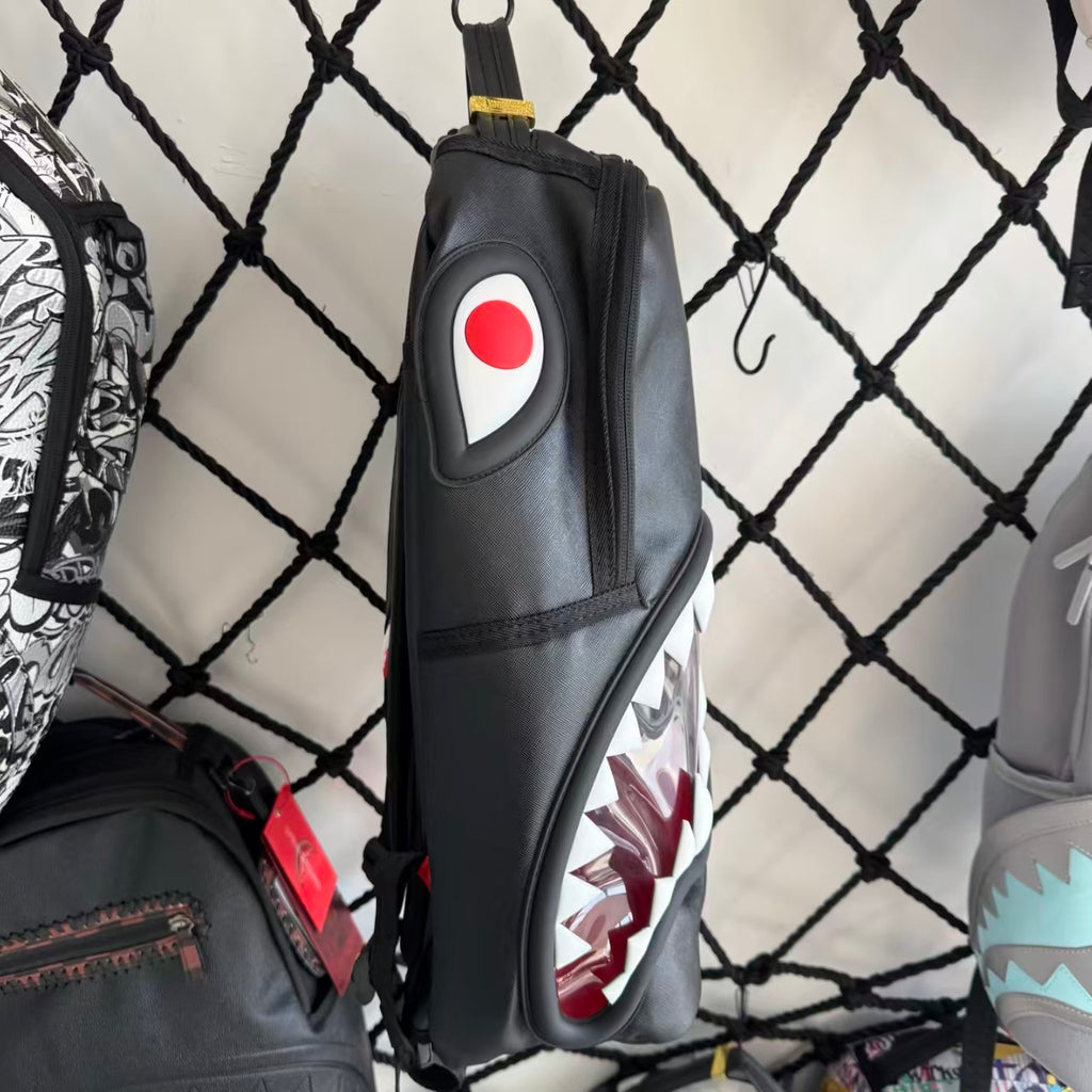 Black Textured Leather Streetwear Backpack - Glossy Red & White 3D Shark Mouth Design