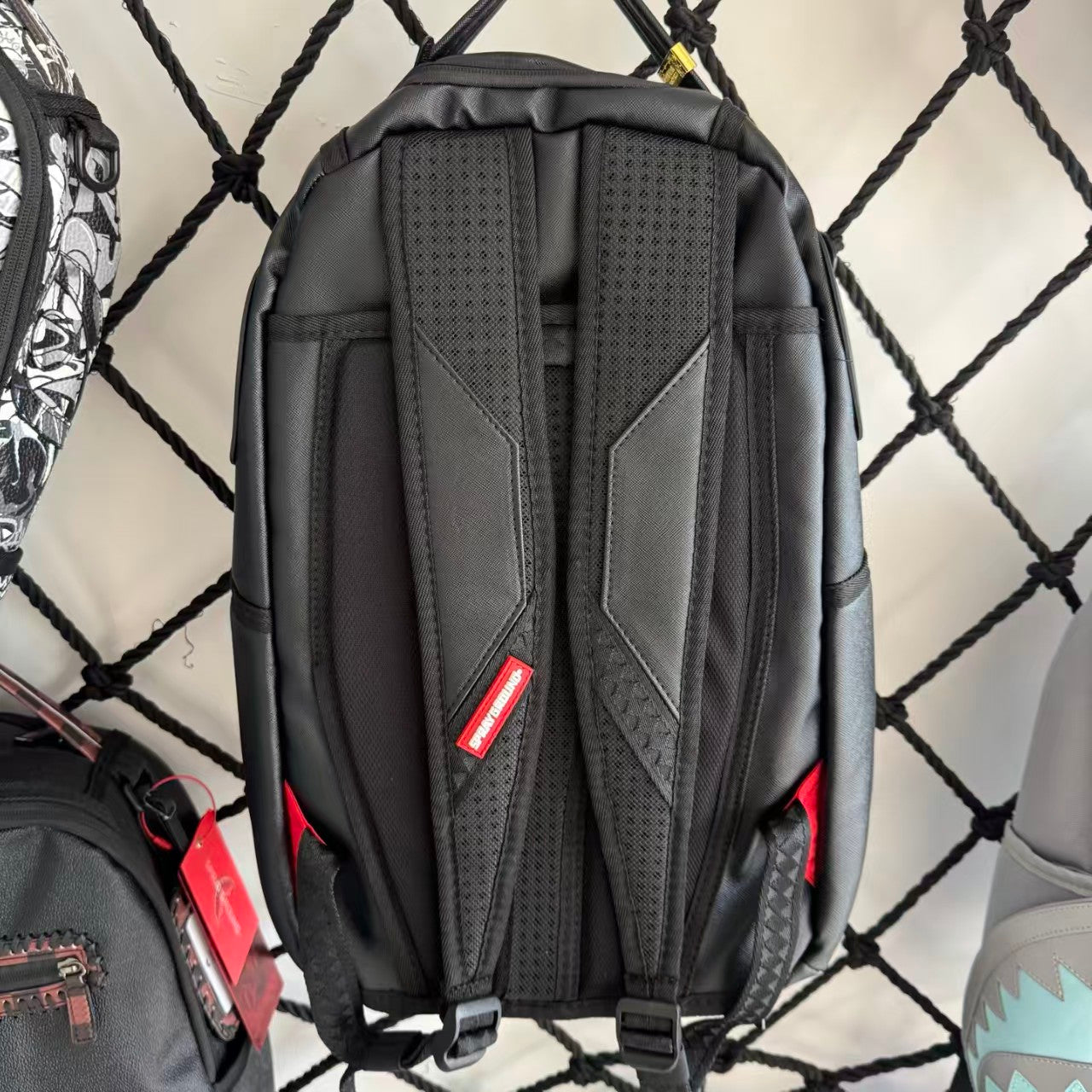 Black Textured Leather Streetwear Backpack - Glossy Red & White 3D Shark Mouth Design