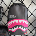 Black Textured Leather Streetwear Backpack - Pink & White Shark Mouth Design with New York Text