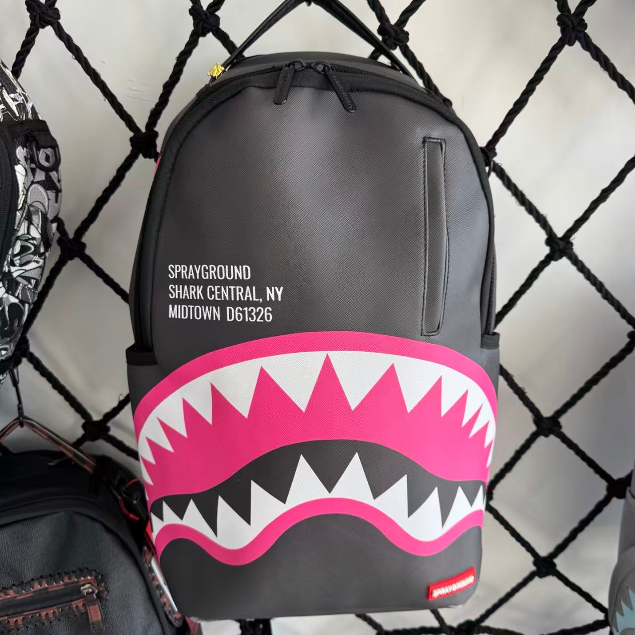 Black Textured Leather Streetwear Backpack - Pink & White Shark Mouth Design with New York Text