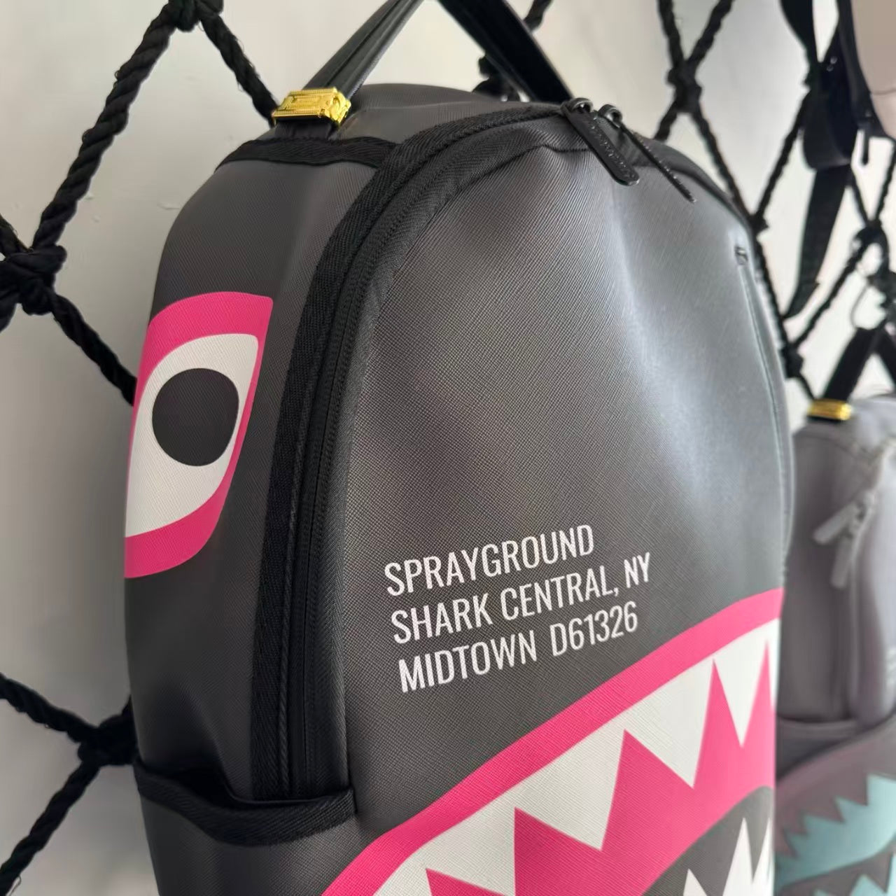 Black Textured Leather Streetwear Backpack - Pink & White Shark Mouth Design with New York Text