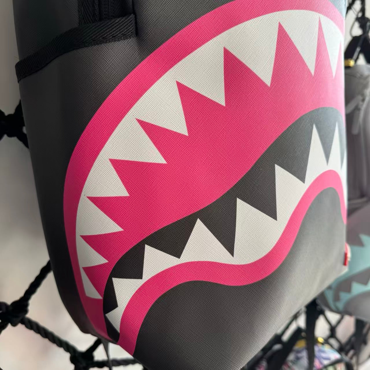 Black Textured Leather Streetwear Backpack - Pink & White Shark Mouth Design with New York Text