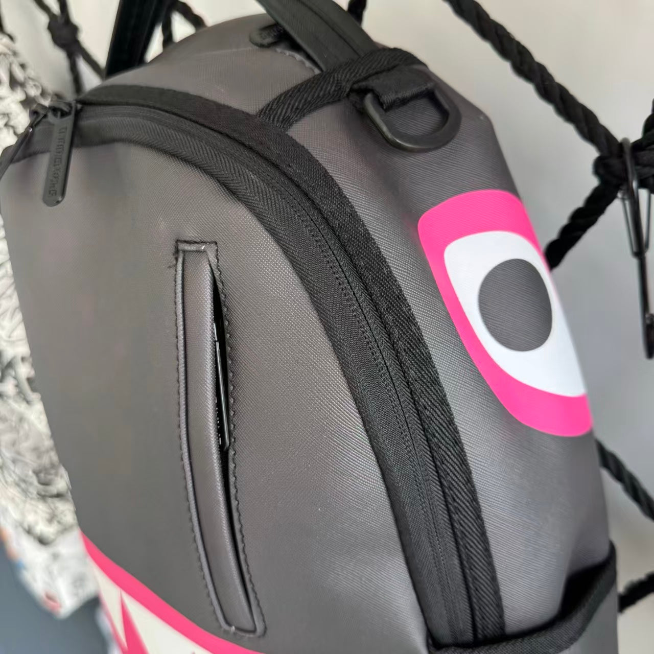 Black Textured Leather Streetwear Backpack - Pink & White Shark Mouth Design with New York Text