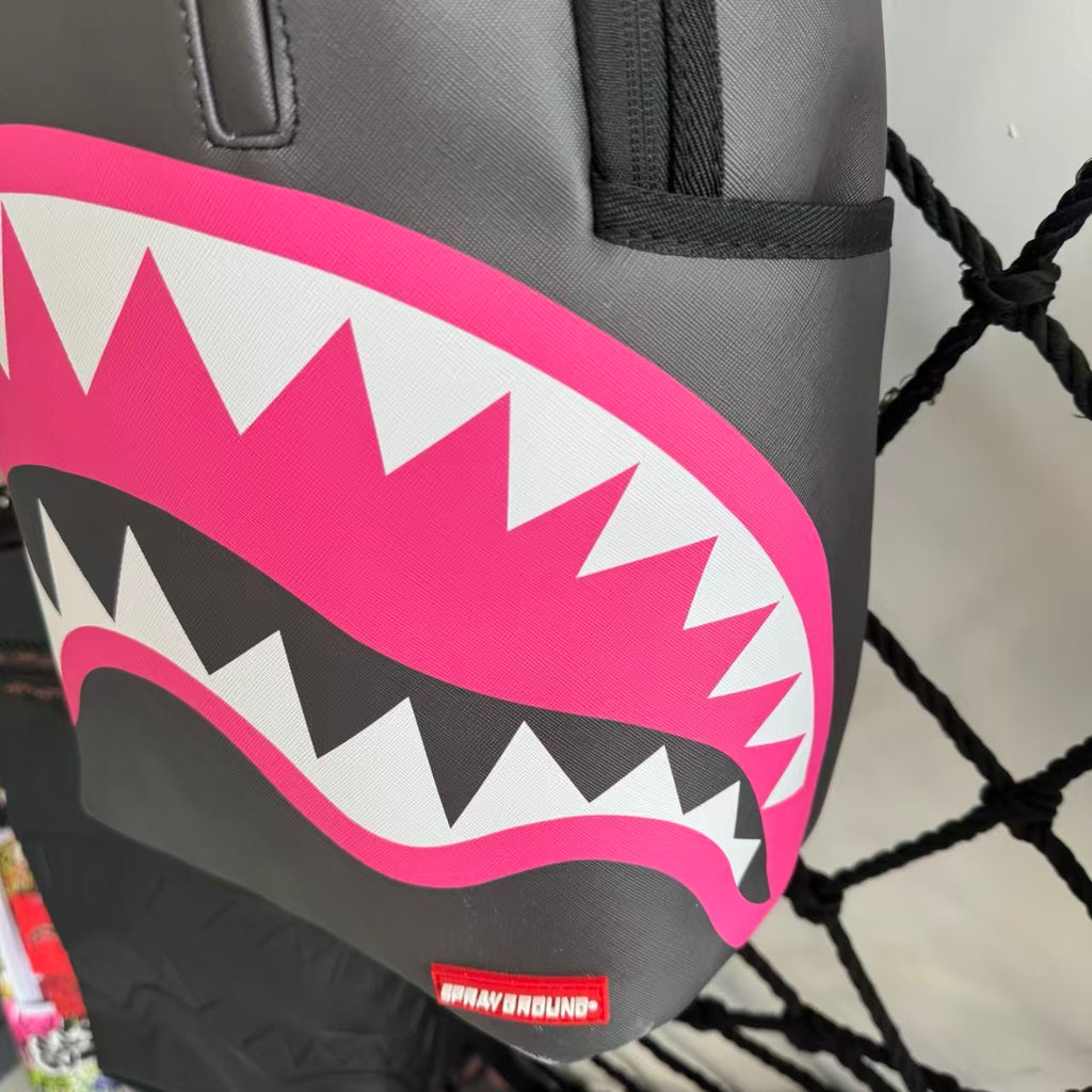 Black Textured Leather Streetwear Backpack - Pink & White Shark Mouth Design with New York Text