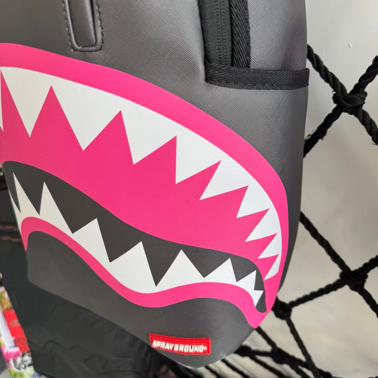 Black Textured Leather Streetwear Backpack - Pink & White Shark Mouth Design with New York Text