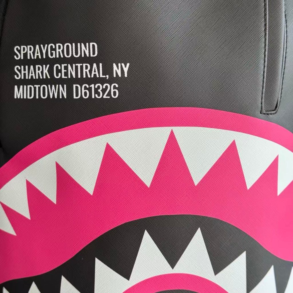 Black Textured Leather Streetwear Backpack - Pink & White Shark Mouth Design with New York Text