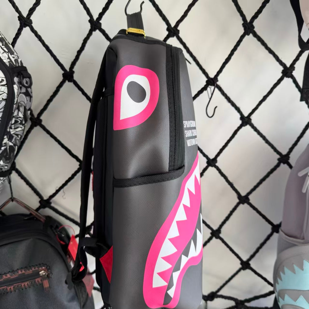 Black Textured Leather Streetwear Backpack - Pink & White Shark Mouth Design with New York Text