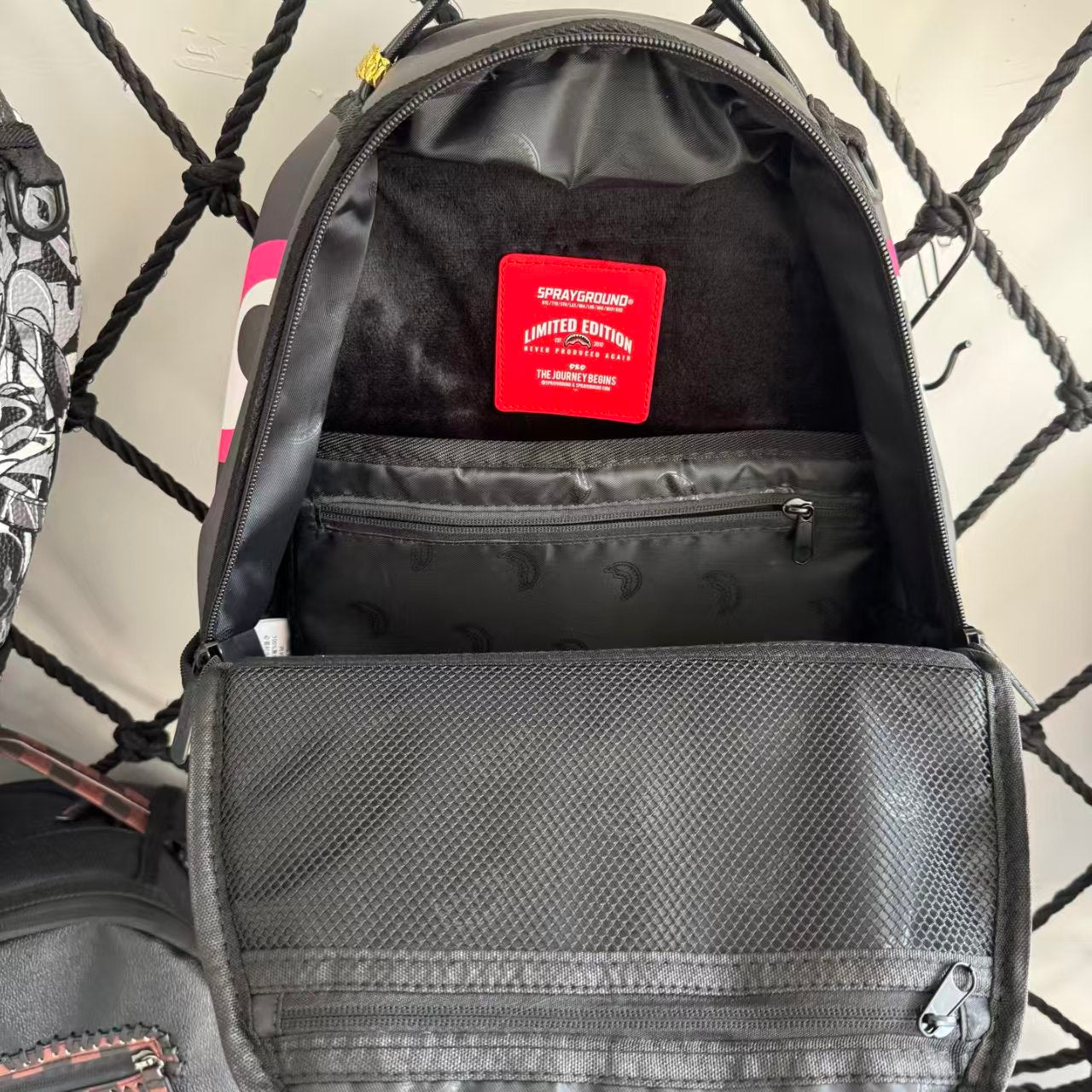 Black Textured Leather Streetwear Backpack - Pink & White Shark Mouth Design with New York Text