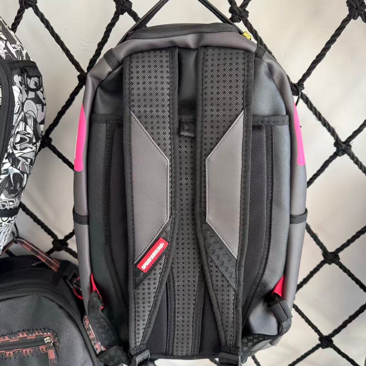 Black Textured Leather Streetwear Backpack - Pink & White Shark Mouth Design with New York Text
