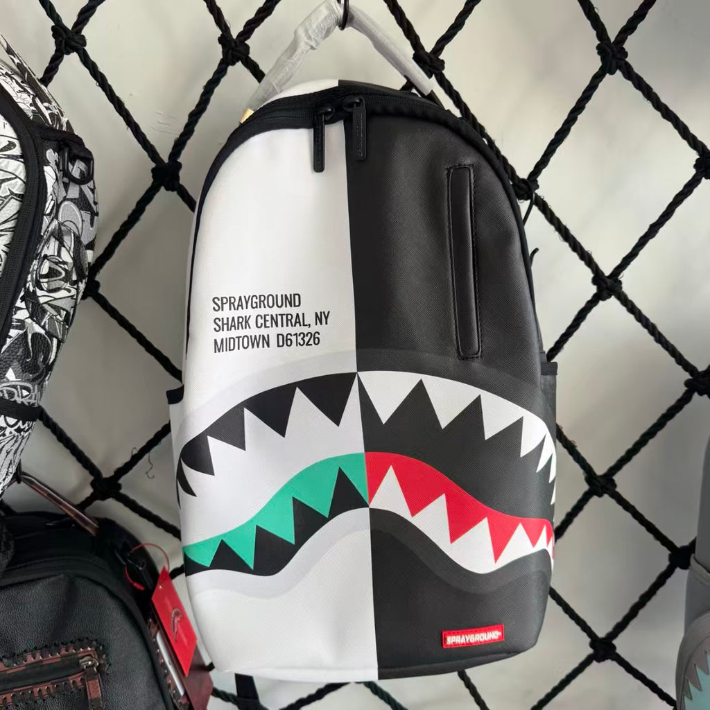 Black and White Split-Design Streetwear Backpack - Red and Green Contrast Shark Mouth with Text Print