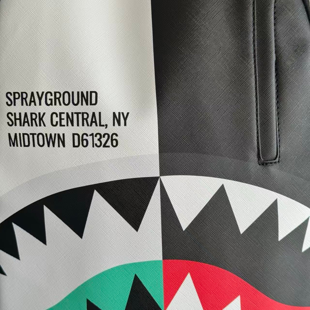 Black and White Split-Design Streetwear Backpack - Red and Green Contrast Shark Mouth with Text Print