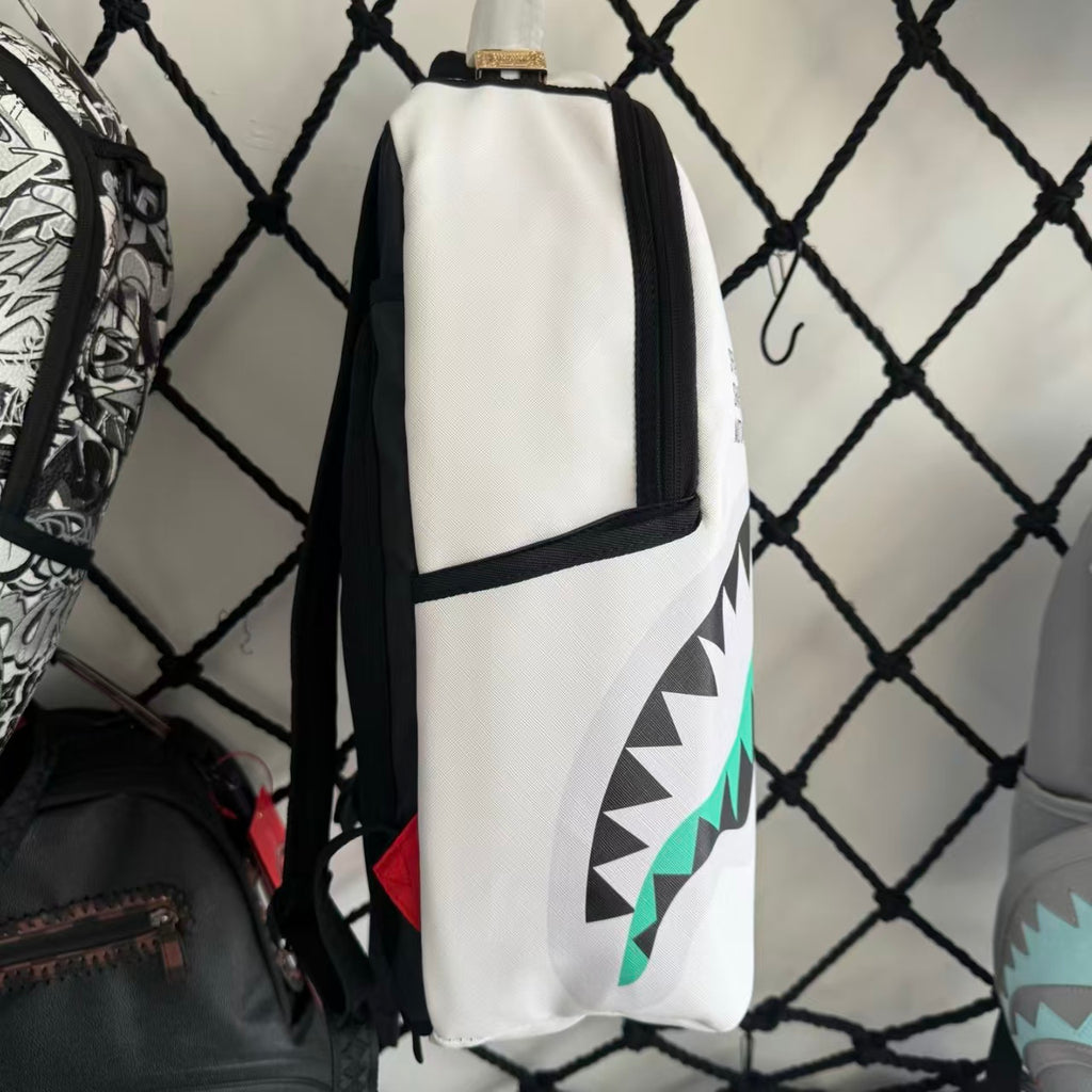 Black and White Split-Design Streetwear Backpack - Red and Green Contrast Shark Mouth with Text Print