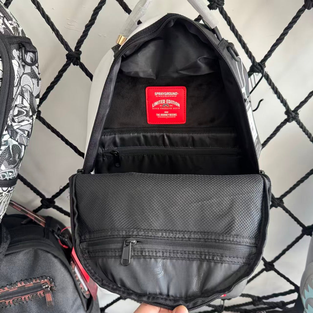Black and White Split-Design Streetwear Backpack - Red and Green Contrast Shark Mouth with Text Print