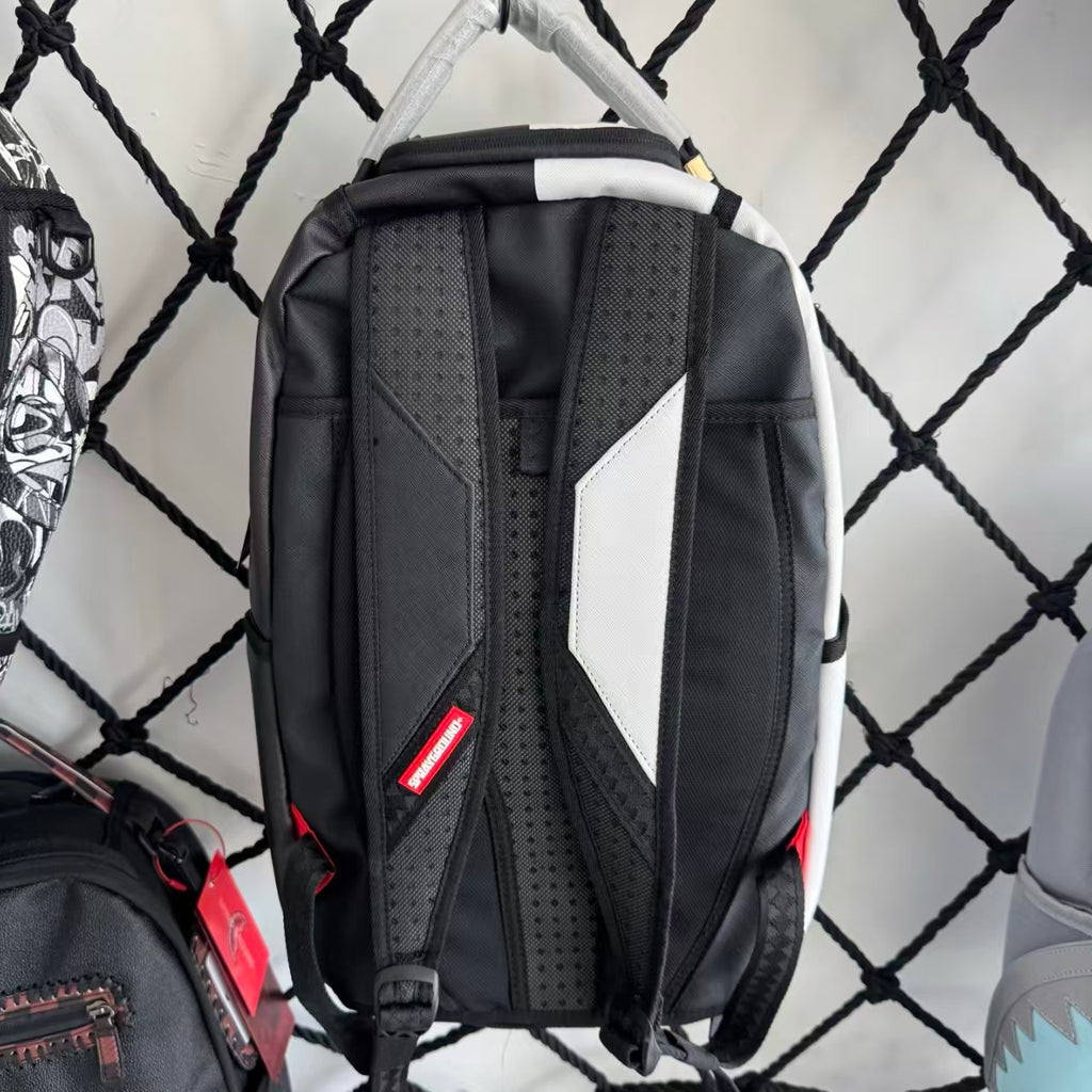 Black and White Split-Design Streetwear Backpack - Red and Green Contrast Shark Mouth with Text Print
