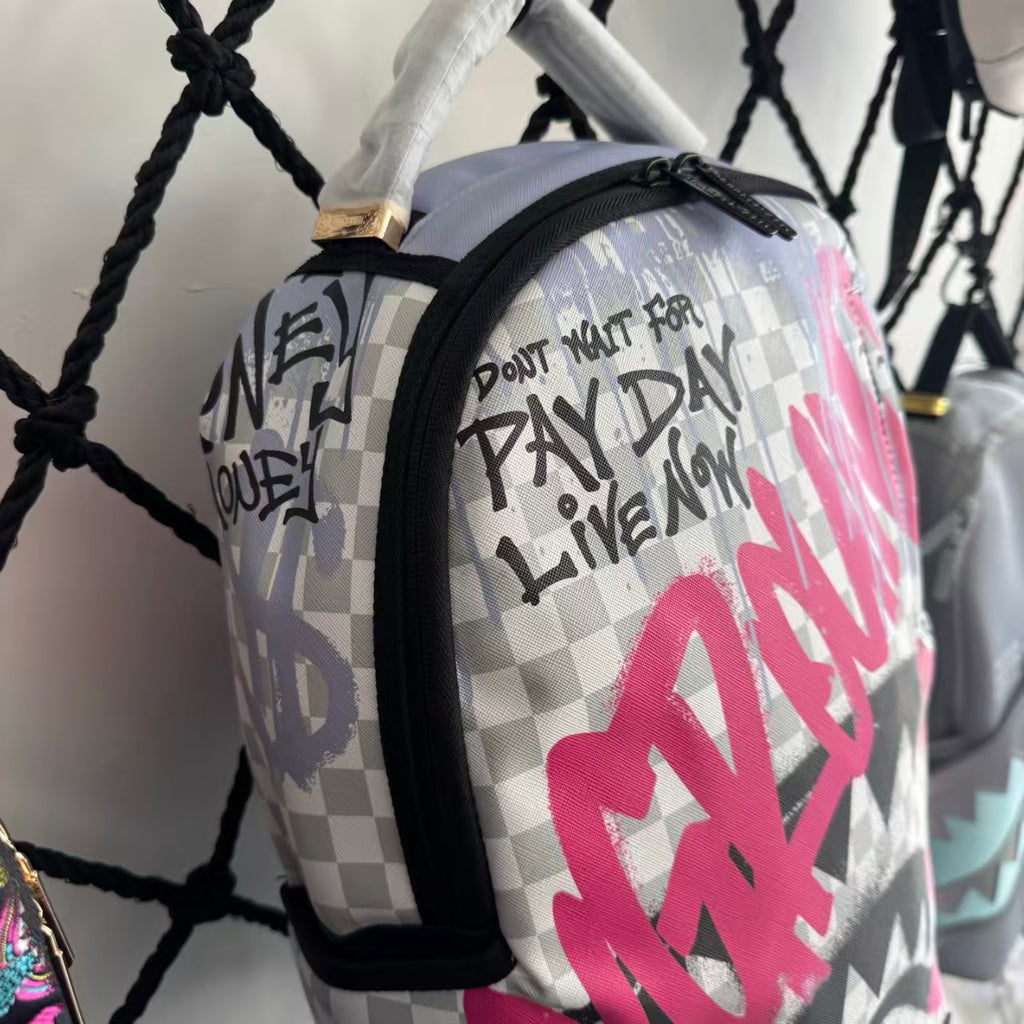 Pink Graffiti Splatter Streetwear Backpack - Grey Checkerboard with Handwritten Slogans and Shark Mouth Design