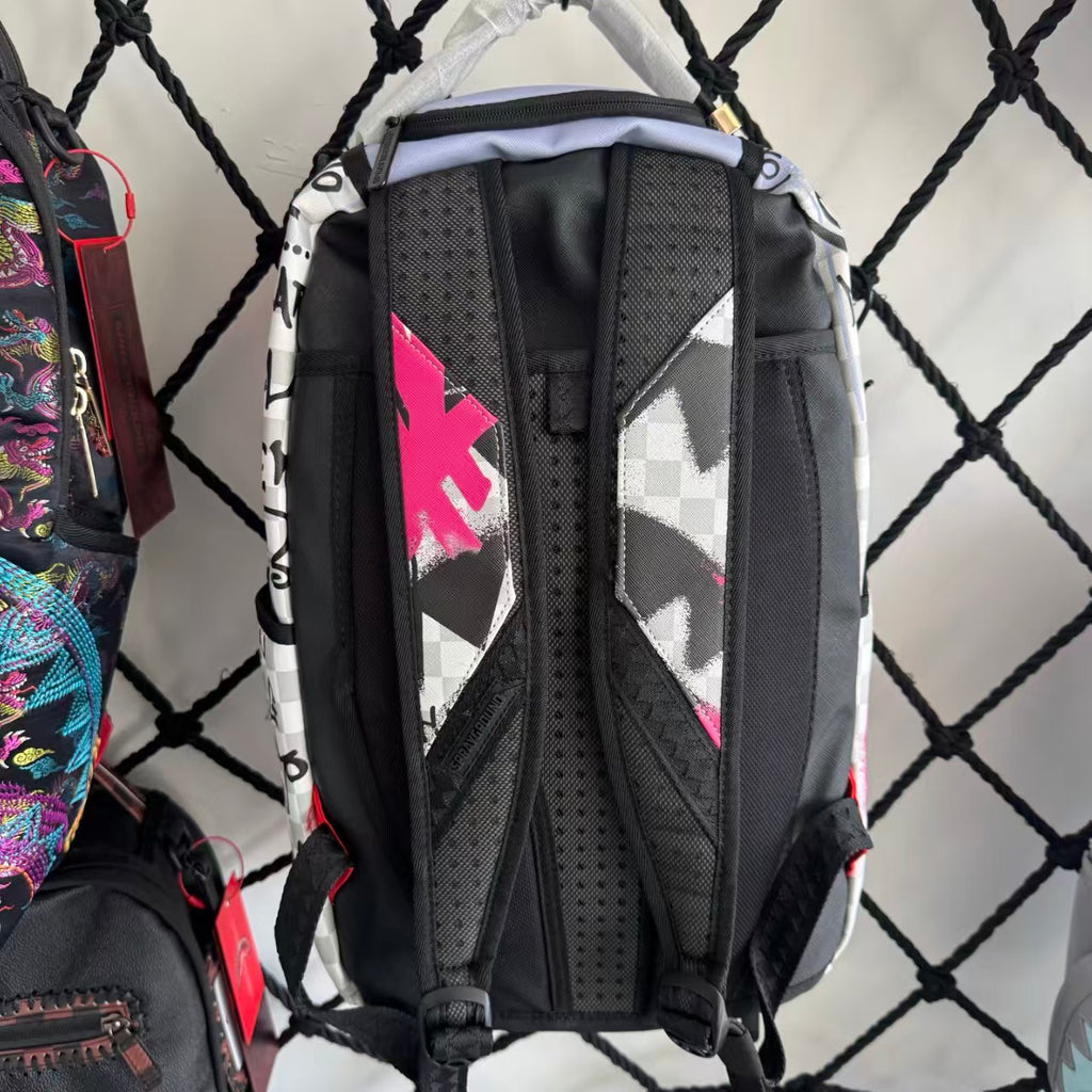 Pink Graffiti Splatter Streetwear Backpack - Grey Checkerboard with Handwritten Slogans and Shark Mouth Design