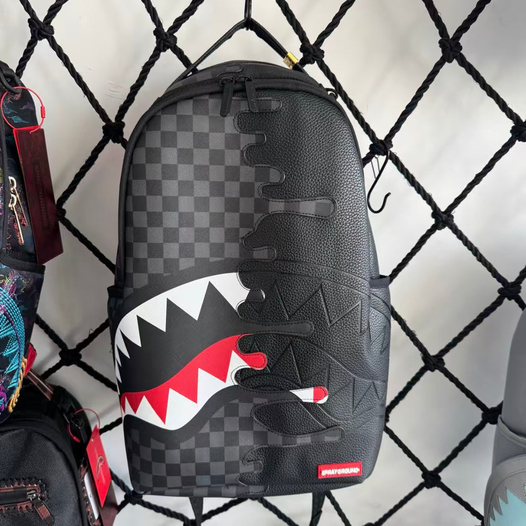 Black & White Checkerboard and Black Pebbled Leather Streetwear Backpack - Ripped 3D Dripping Shark Mouth Design