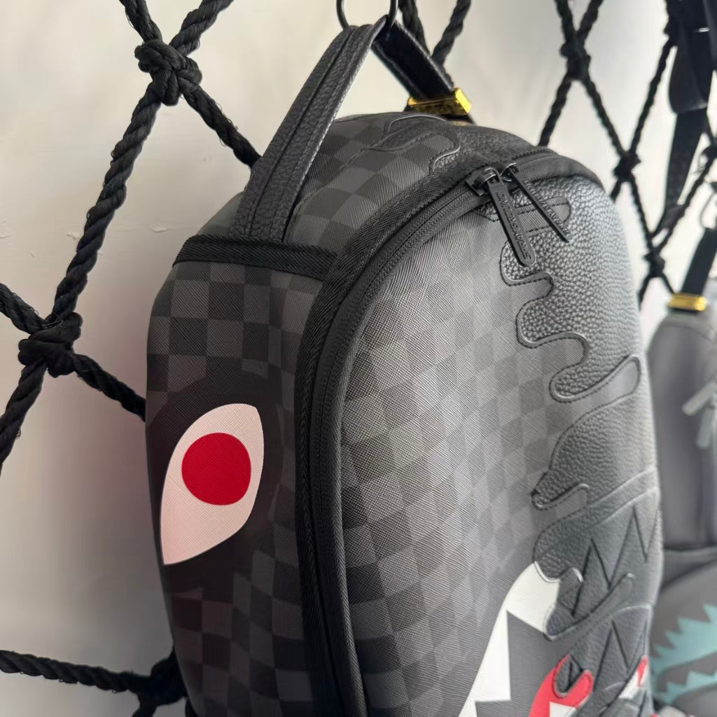 Black & White Checkerboard and Black Pebbled Leather Streetwear Backpack - Ripped 3D Dripping Shark Mouth Design