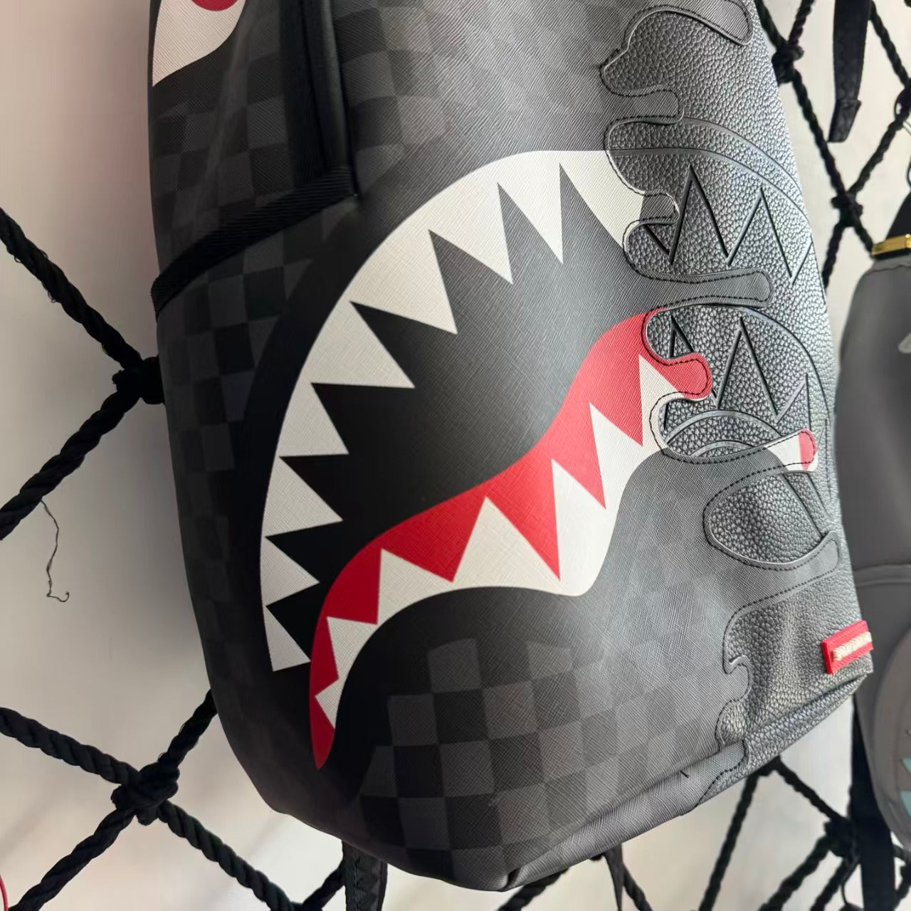 Black & White Checkerboard and Black Pebbled Leather Streetwear Backpack - Ripped 3D Dripping Shark Mouth Design