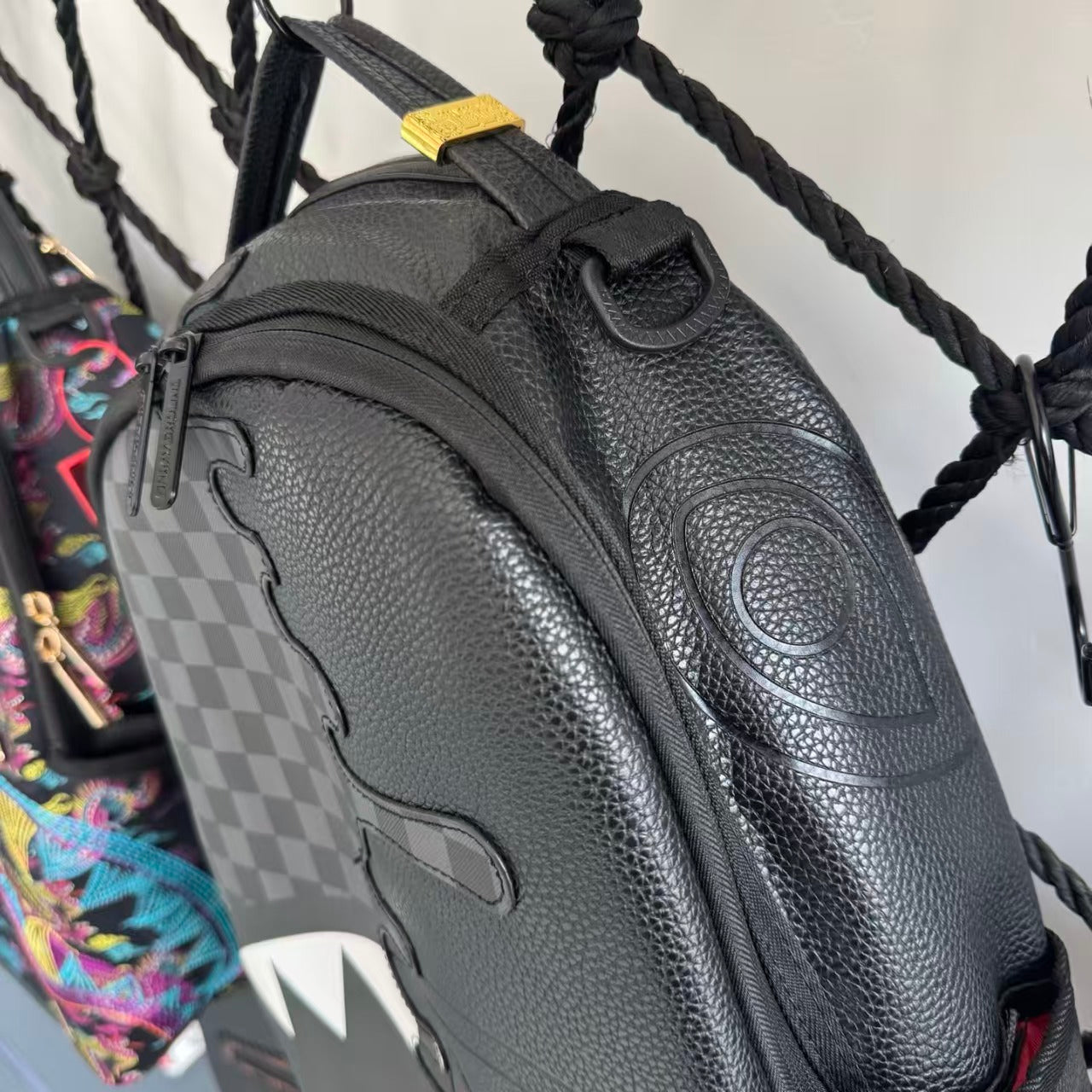 Black & White Checkerboard and Black Pebbled Leather Streetwear Backpack - Ripped 3D Dripping Shark Mouth Design