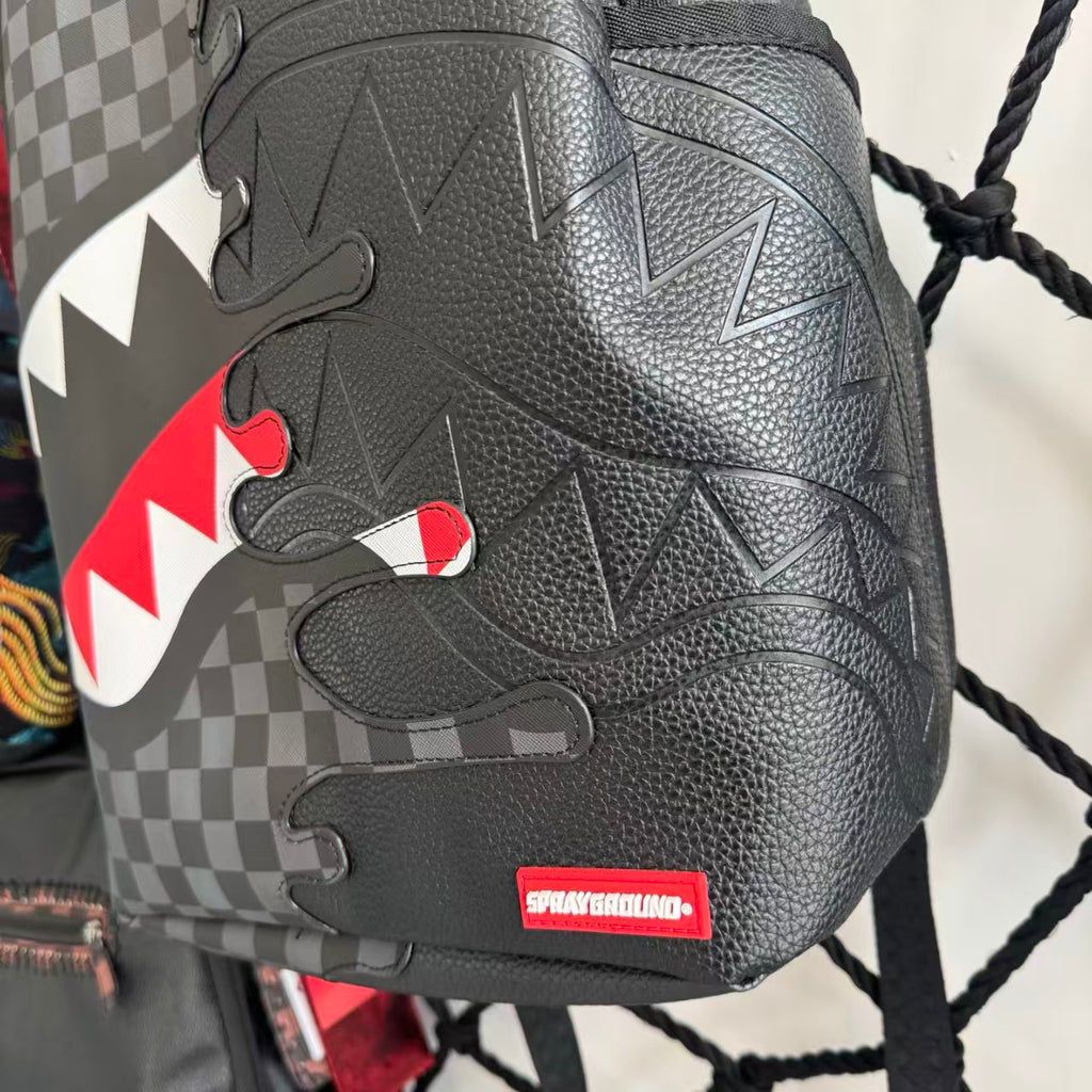 Black & White Checkerboard and Black Pebbled Leather Streetwear Backpack - Ripped 3D Dripping Shark Mouth Design