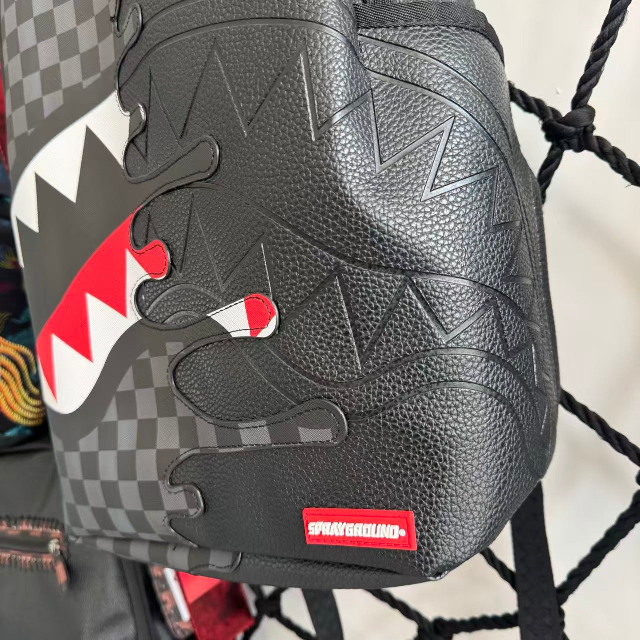 Black & White Checkerboard and Black Pebbled Leather Streetwear Backpack - Ripped 3D Dripping Shark Mouth Design