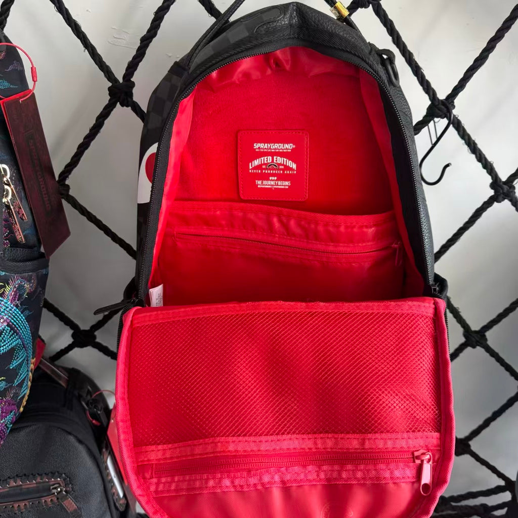 Black & White Checkerboard and Black Pebbled Leather Streetwear Backpack - Ripped 3D Dripping Shark Mouth Design