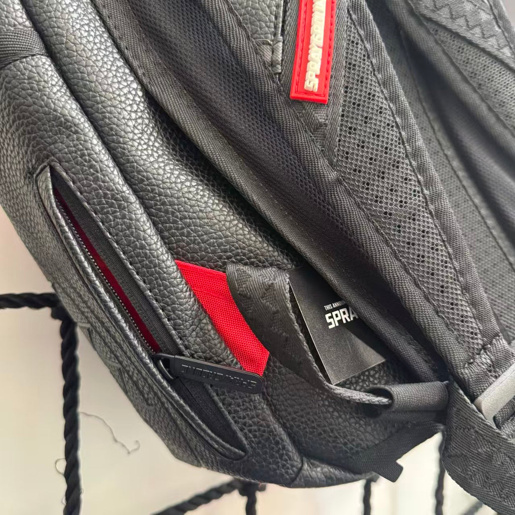 Black & White Checkerboard and Black Pebbled Leather Streetwear Backpack - Ripped 3D Dripping Shark Mouth Design