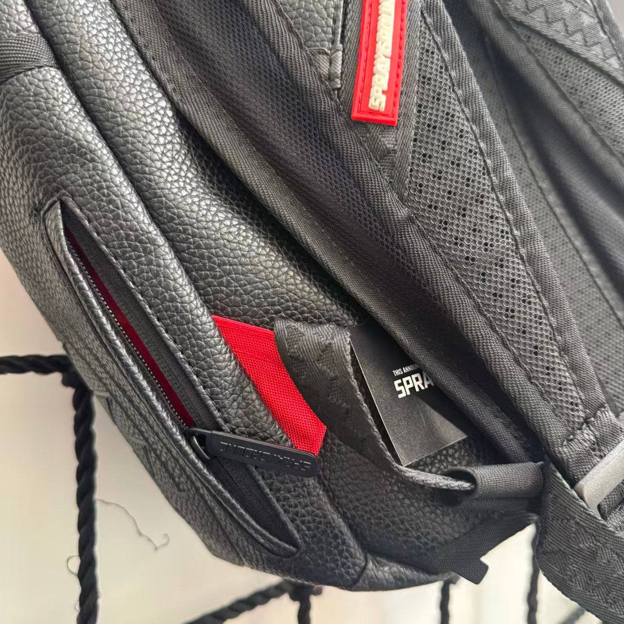Black & White Checkerboard and Black Pebbled Leather Streetwear Backpack - Ripped 3D Dripping Shark Mouth Design