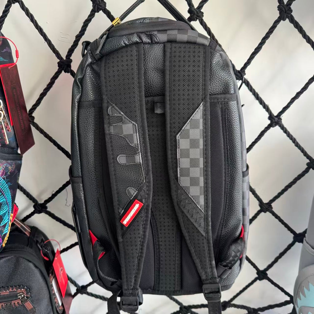 Black & White Checkerboard and Black Pebbled Leather Streetwear Backpack - Ripped 3D Dripping Shark Mouth Design