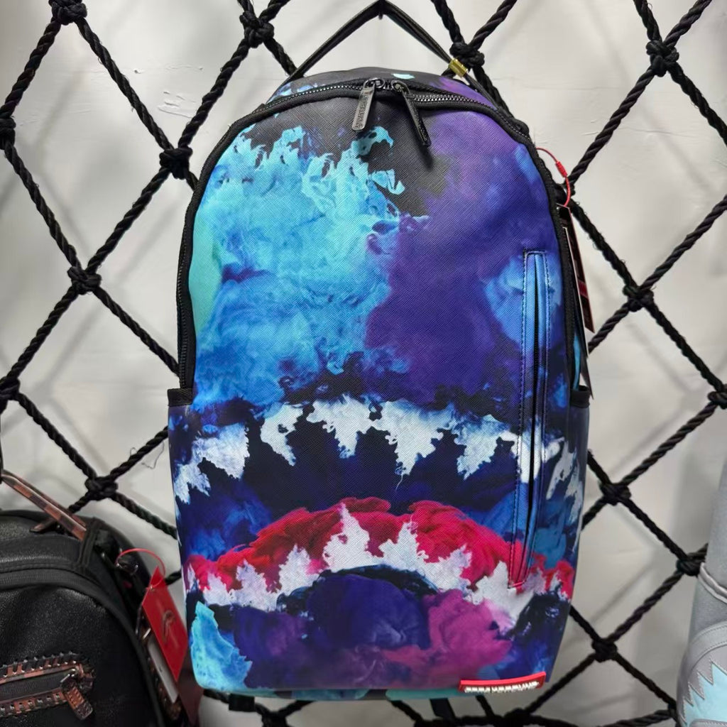 Blue Purple & Red Watercolor Cloud Pattern Streetwear Backpack - Artistic Nebula Shark Mouth Design