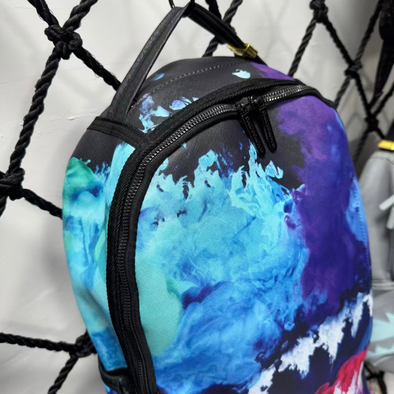 Blue Purple & Red Watercolor Cloud Pattern Streetwear Backpack - Artistic Nebula Shark Mouth Design