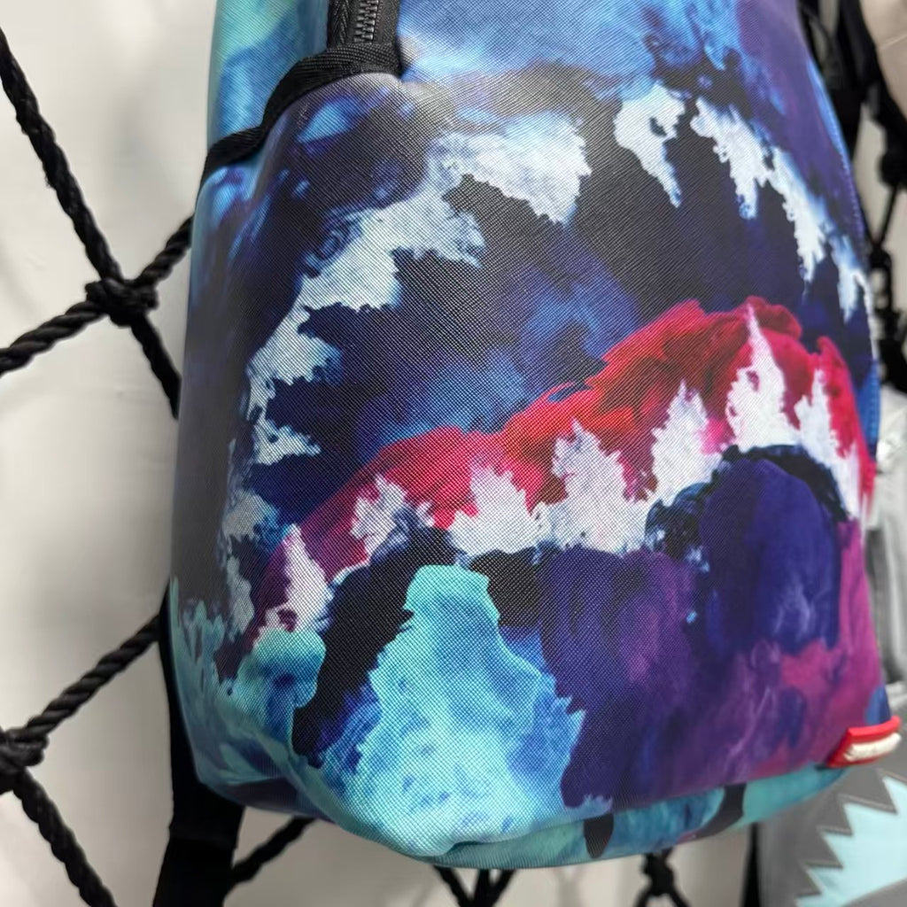 Blue Purple & Red Watercolor Cloud Pattern Streetwear Backpack - Artistic Nebula Shark Mouth Design