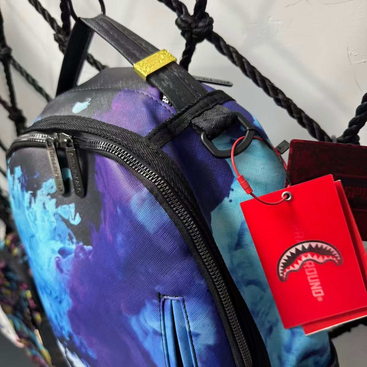Blue Purple & Red Watercolor Cloud Pattern Streetwear Backpack - Artistic Nebula Shark Mouth Design