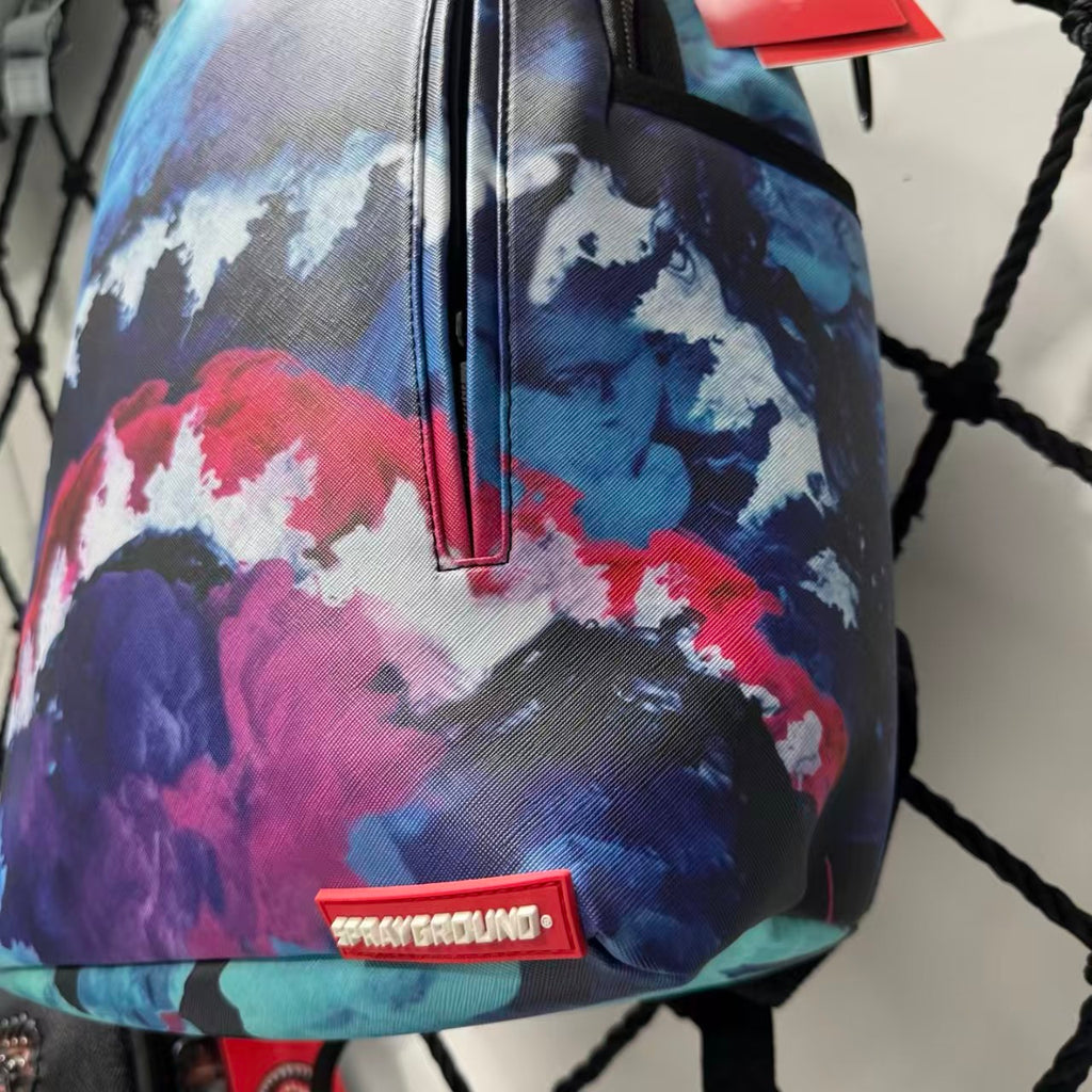Blue Purple & Red Watercolor Cloud Pattern Streetwear Backpack - Artistic Nebula Shark Mouth Design